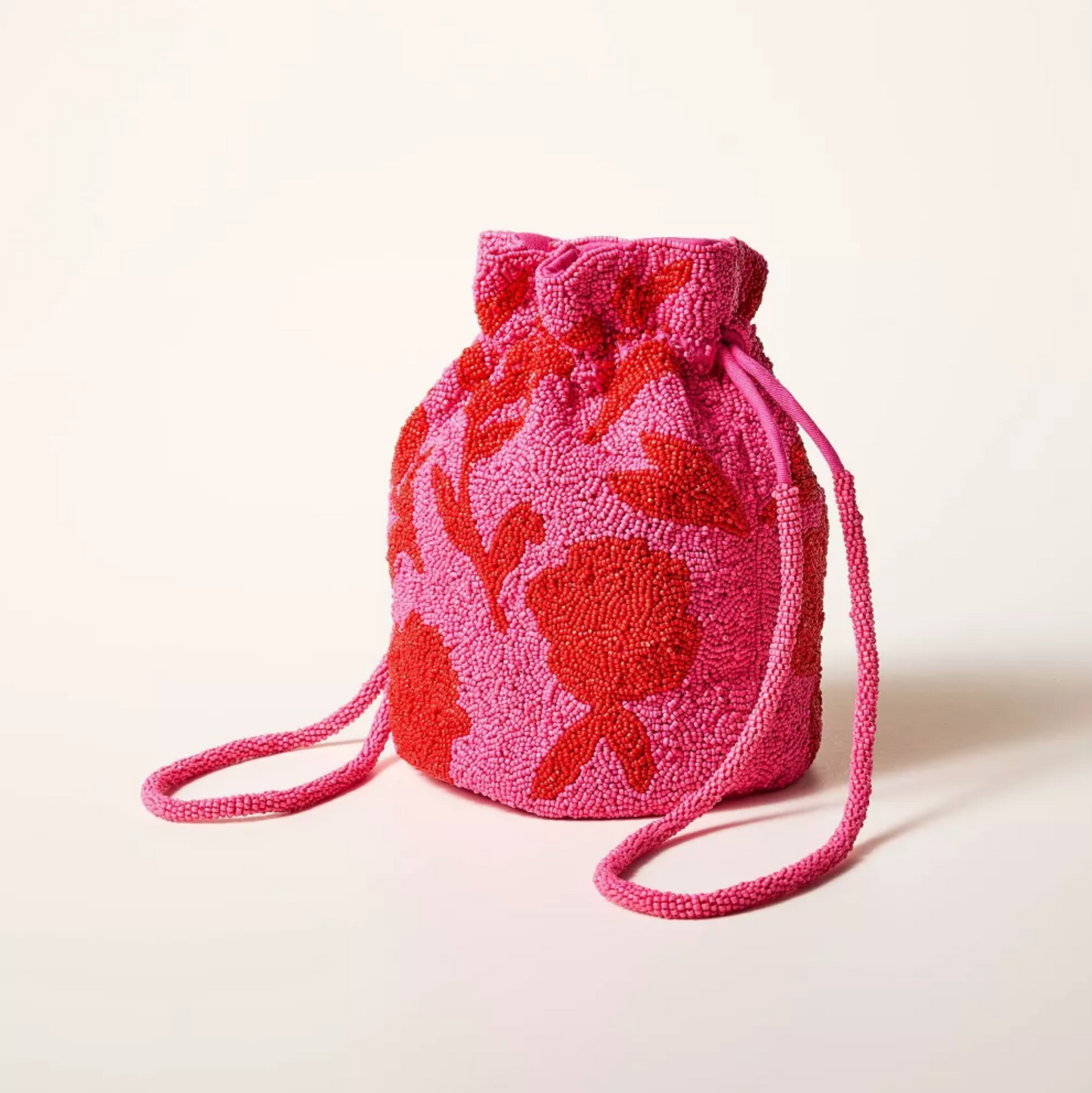 Beaded Classic Rose Drawstring Bucket Bag