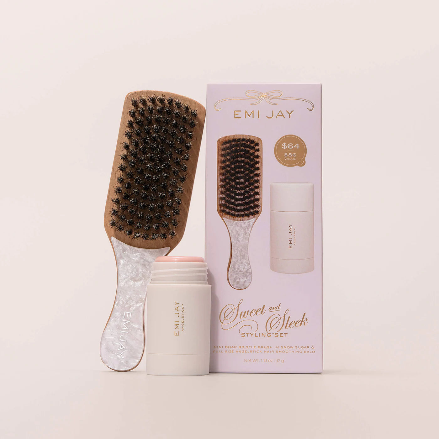 Sweet and Sleek Styling Set with Angelstick and Mini Boar Bristle Brush in Snow Sugar